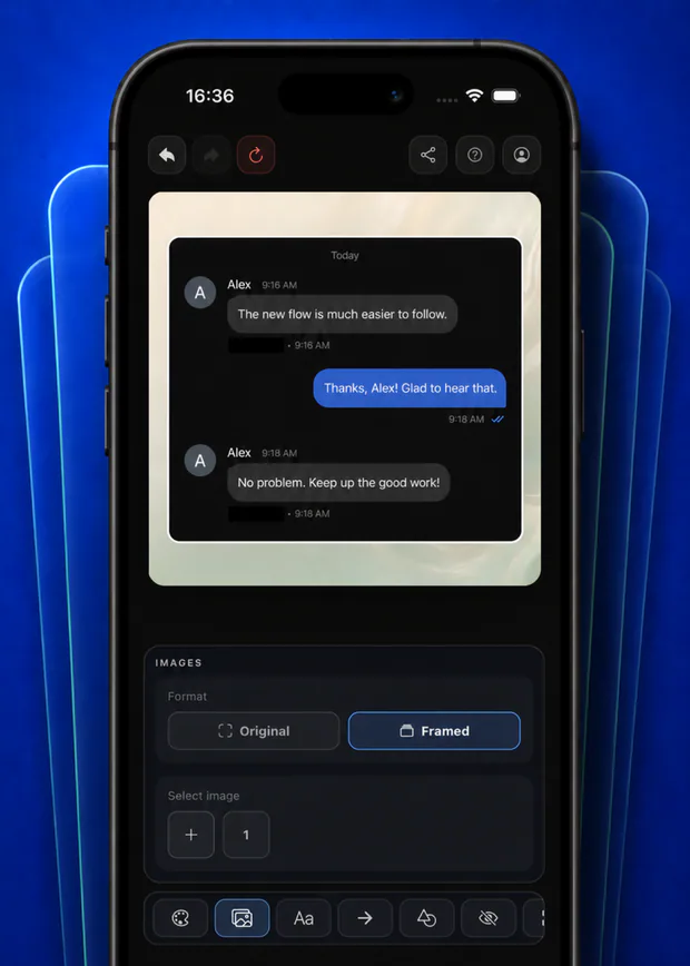 ScreenEdit framing a conversation screenshot on iPhone