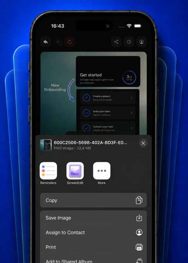 ScreenEdit opening the iOS share sheet for an exported PNG